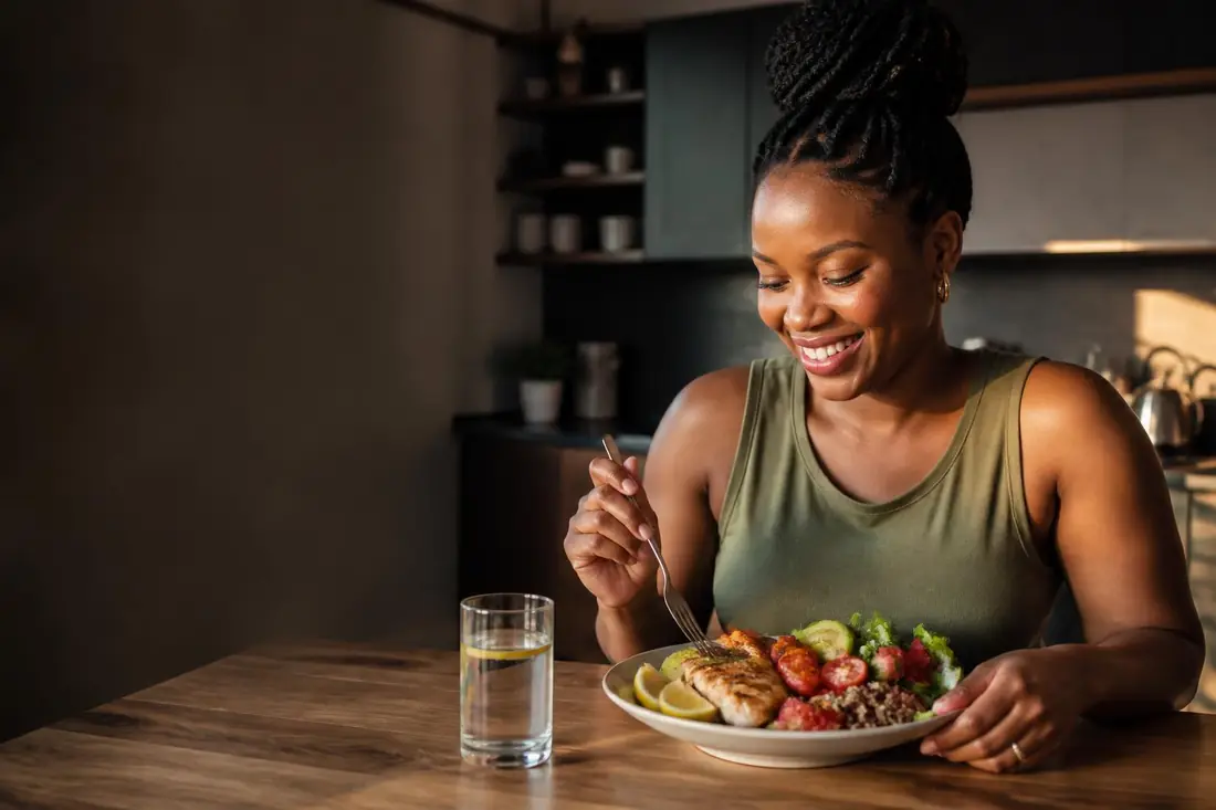 Mulher sorrindo enquanto desfruta uma refeição saudável e equilibrada